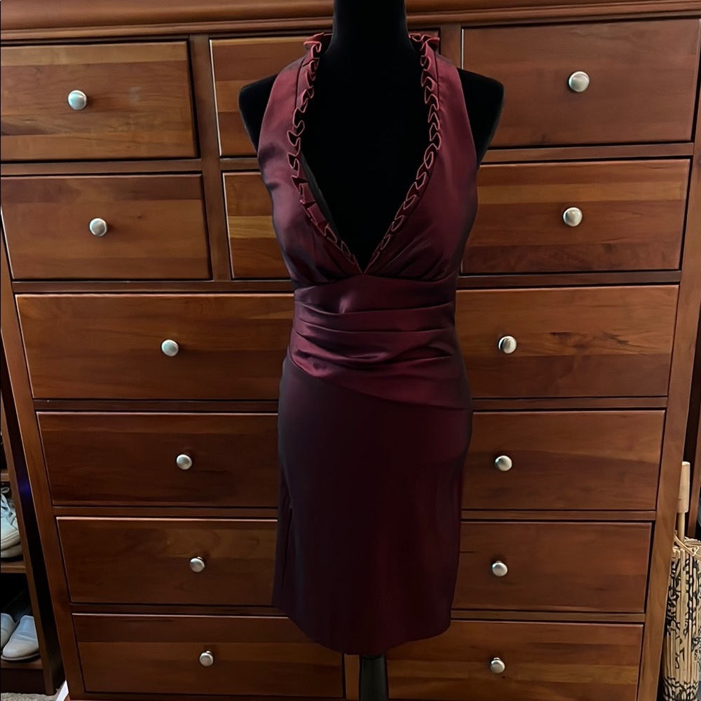 Red Satin Sleeveless Halter Sheath Dress